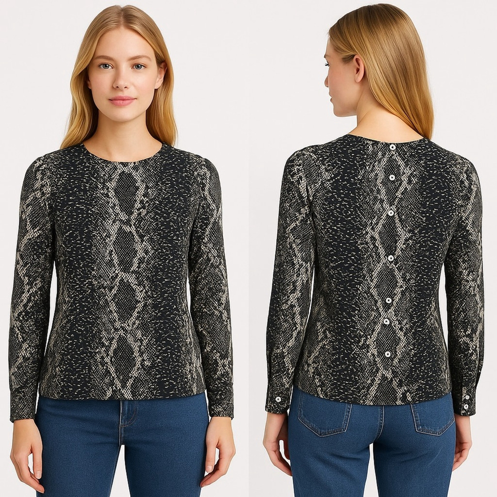 Liz Claiborne 100% Silk Snakeskin Print Button Back Blouse Sz 4 Snake Print Top